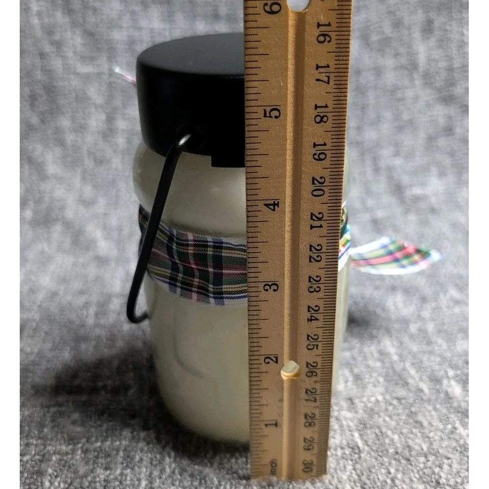 Snowman Sugar Cookie Scented Jar Candle In Black Metal Holder Plaid Ribbon